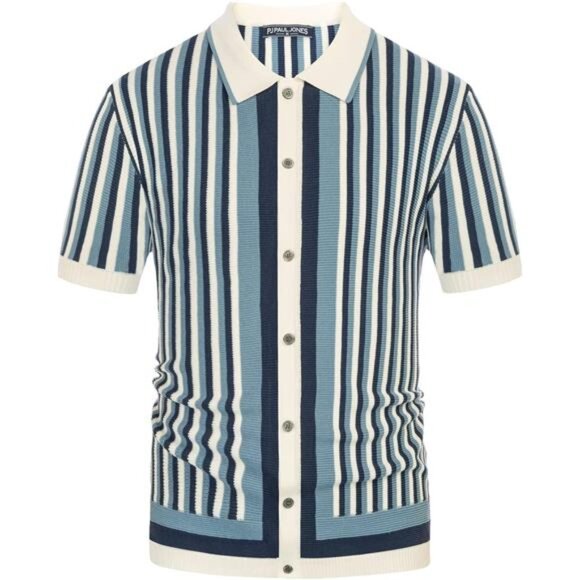 Men's Polo Shirts Retro Knit Shirt Vintage Striped Shirt - Picture 1 of 7
